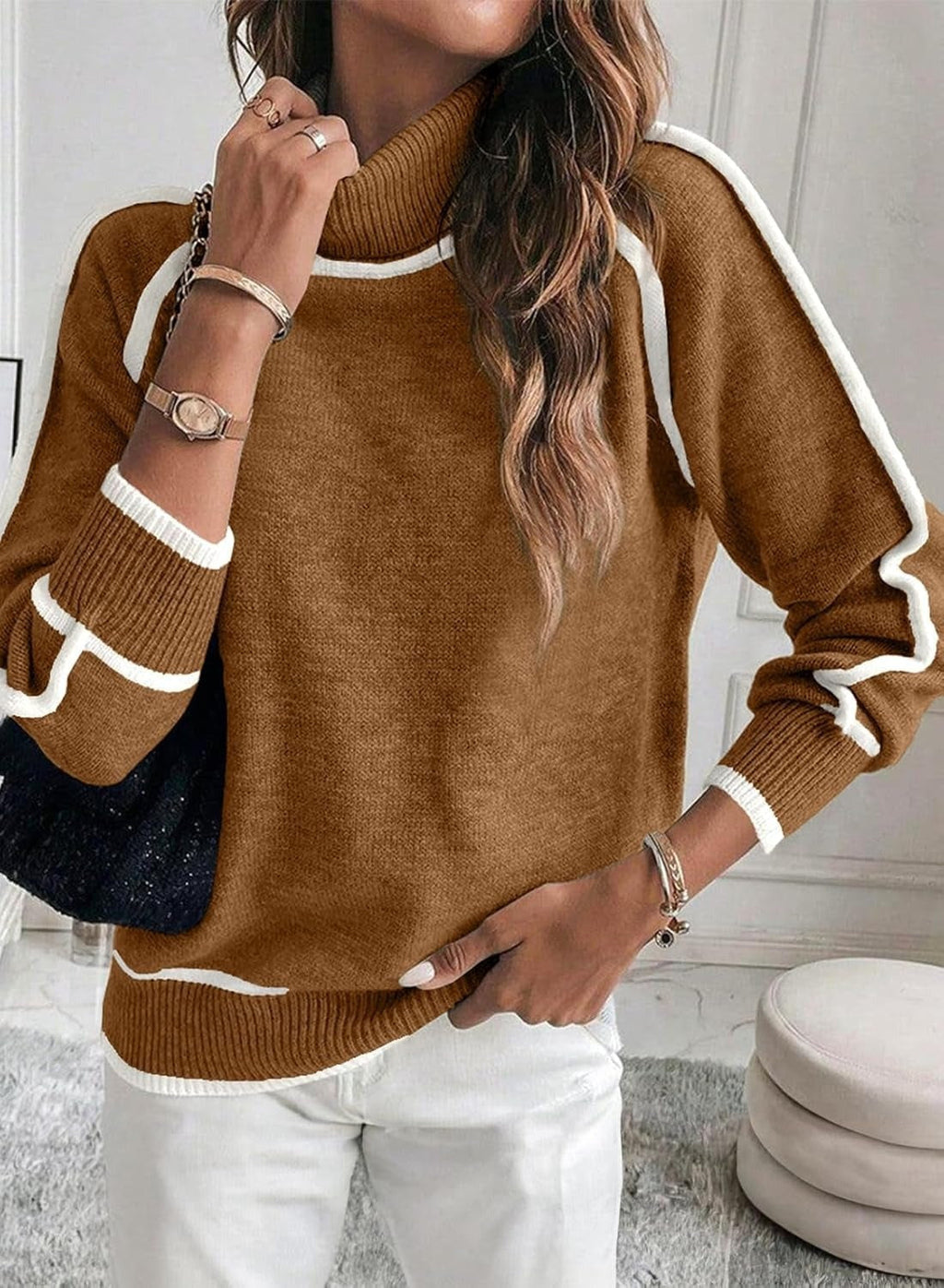 Valenzora | Women's roll-neck sweater with contrasting seams - casual oversized sweater