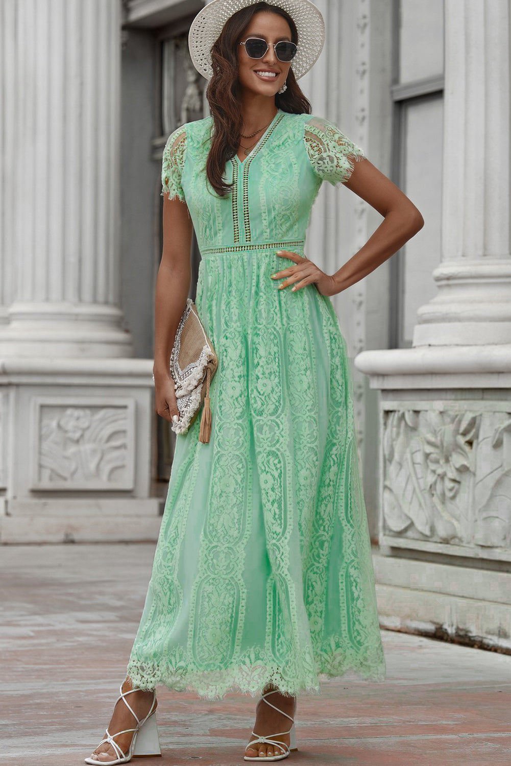 Valenzora | Lace Plunge Dress with Wavy Hem