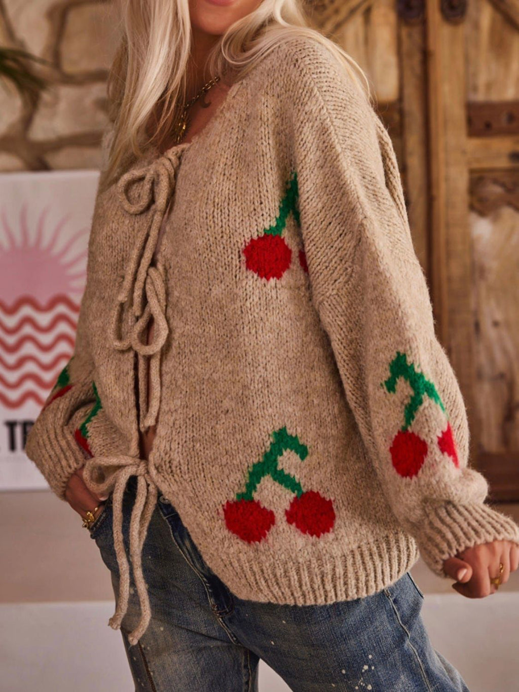 Valenzora | Bound Cherry Round Neck Long Sleeve Cardigan