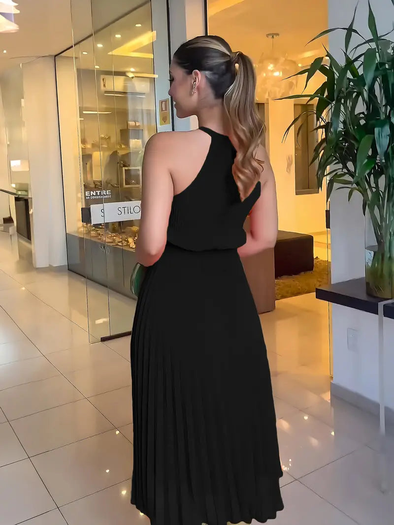 Valenzora | Elegant summer midi dress with round neckline and gathered waist