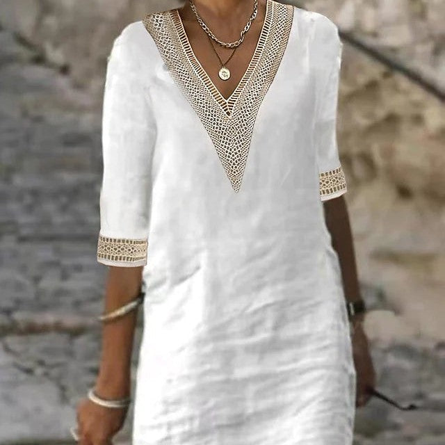 Valenzora | Simple cotton linen dress with V-neck and half sleeves