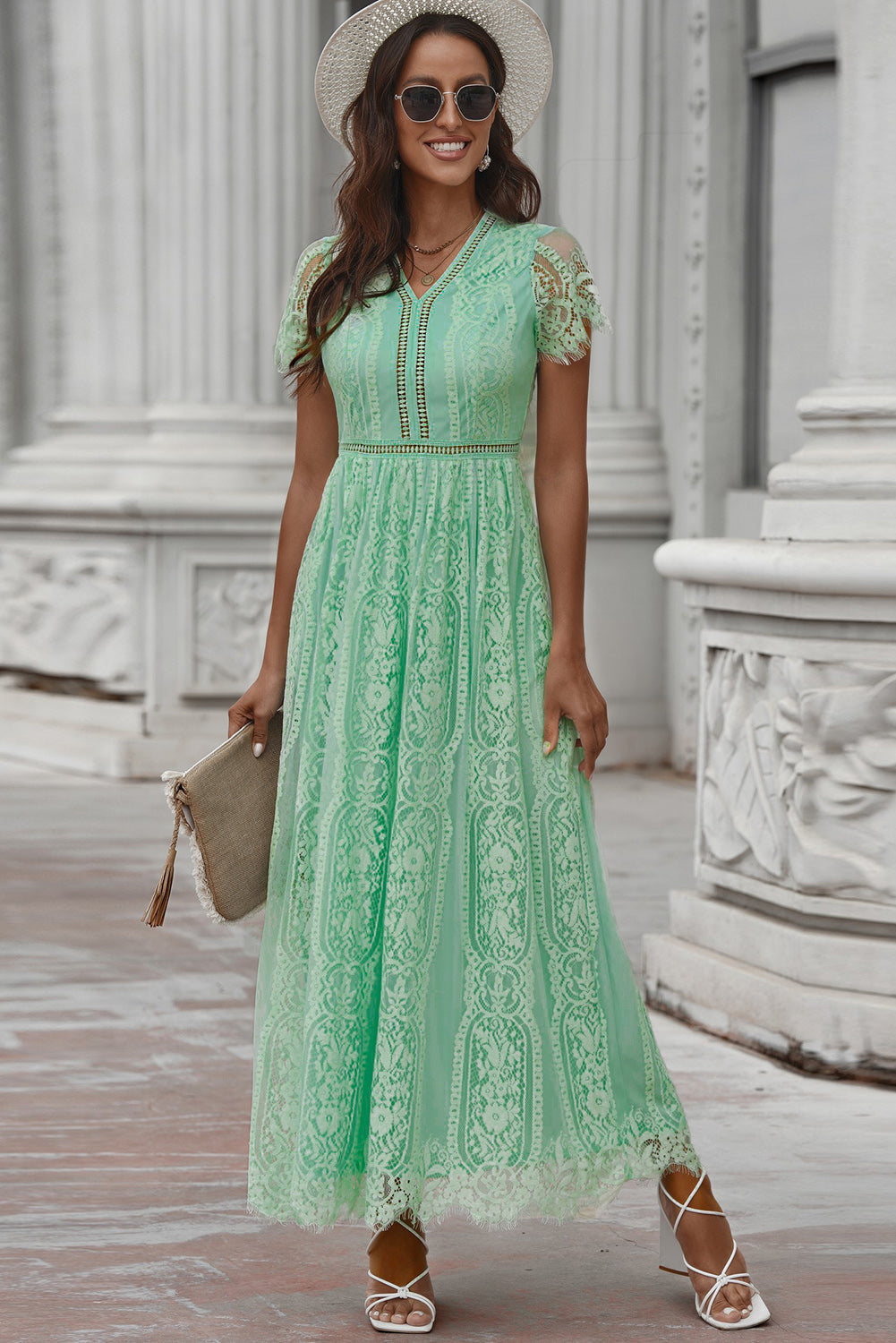 Valenzora | Lace Plunge Dress with Wavy Hem