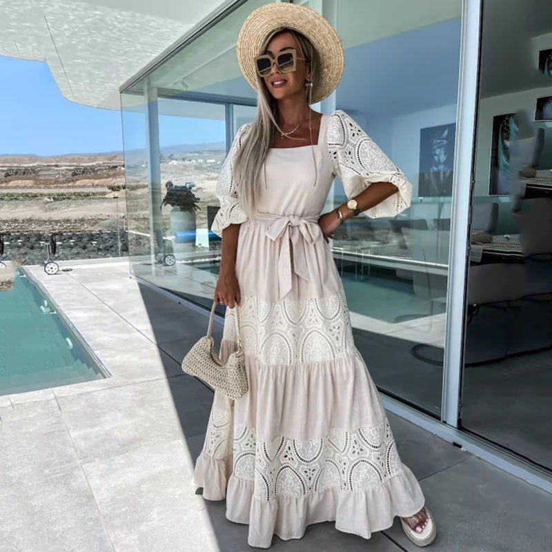 Valenzora | Casual, loose dress with lacing and lace embroidery