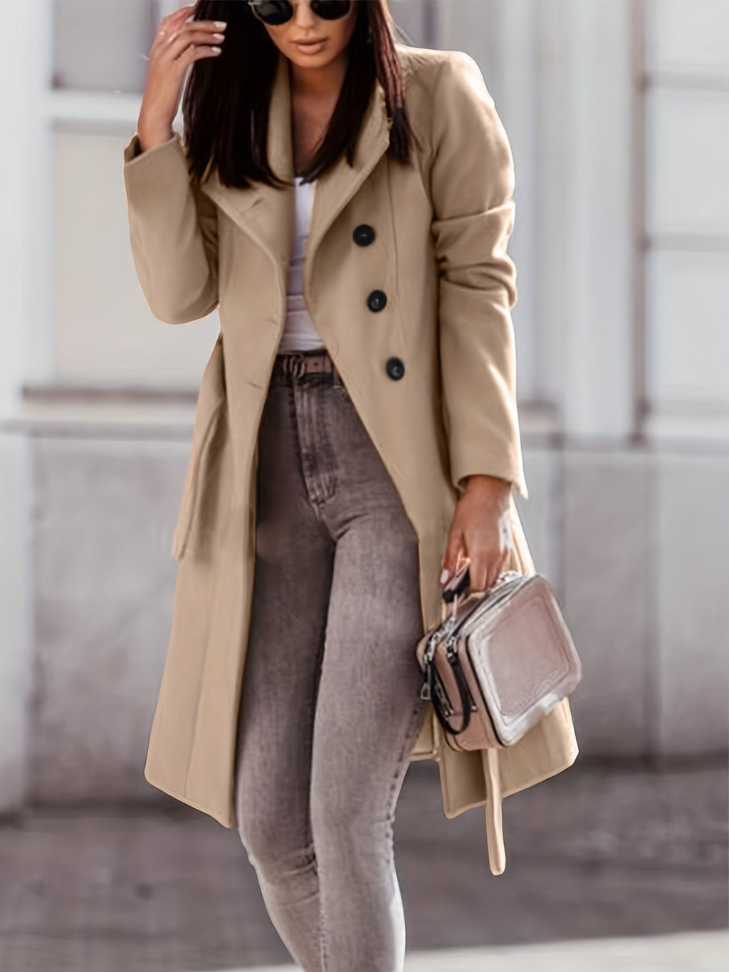Valenzora | Women's Double-Button Wool Blend Trench Coat, Slim Fit, Knee Length