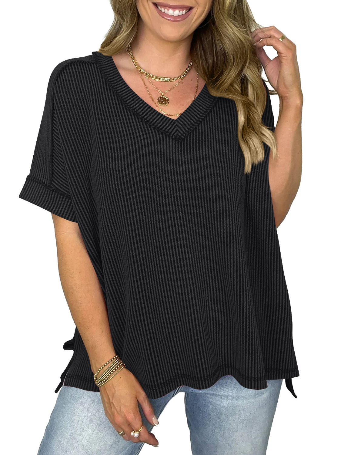 Valenzora | Corduroy V-neck short-sleeved T-shirt