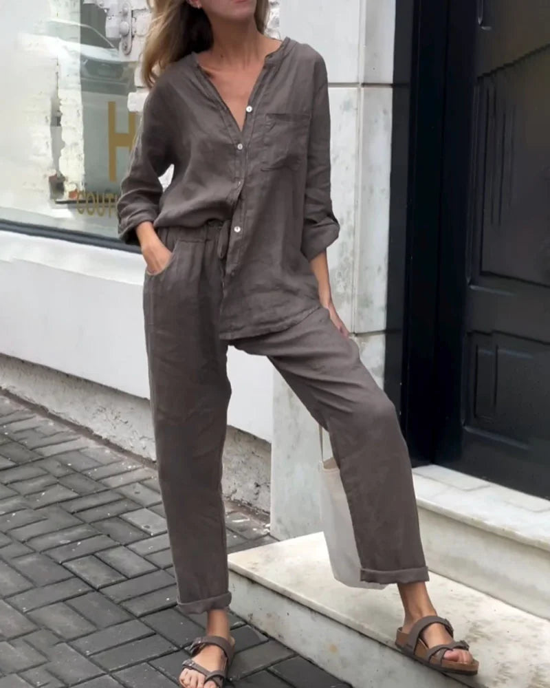 Valenzora | Lässiges V-Ausschnitt-Shirt & Hose aus Baumwoll-Leinen-Set