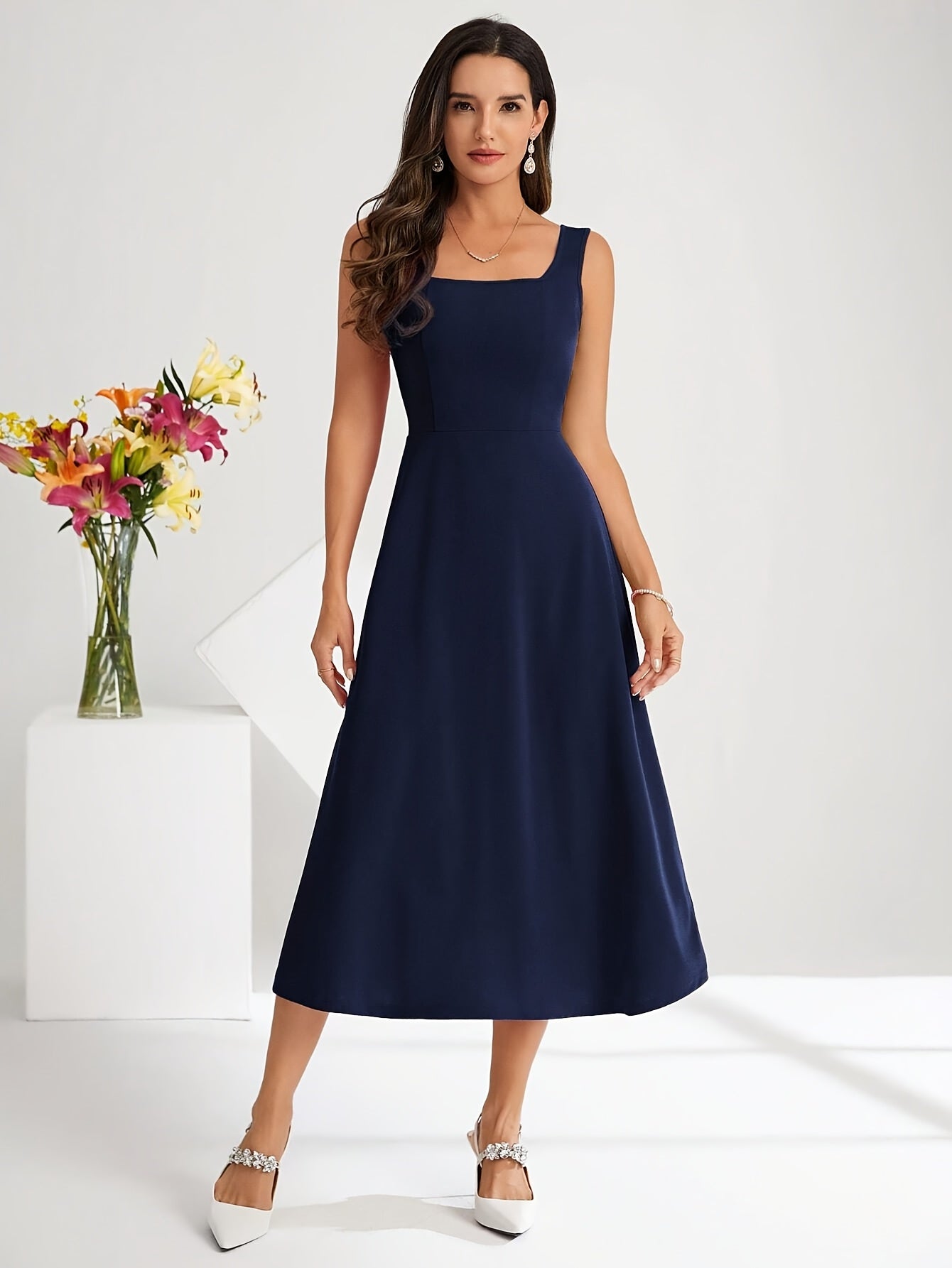 Valenzora | Elegant dress with straps, dark blue color