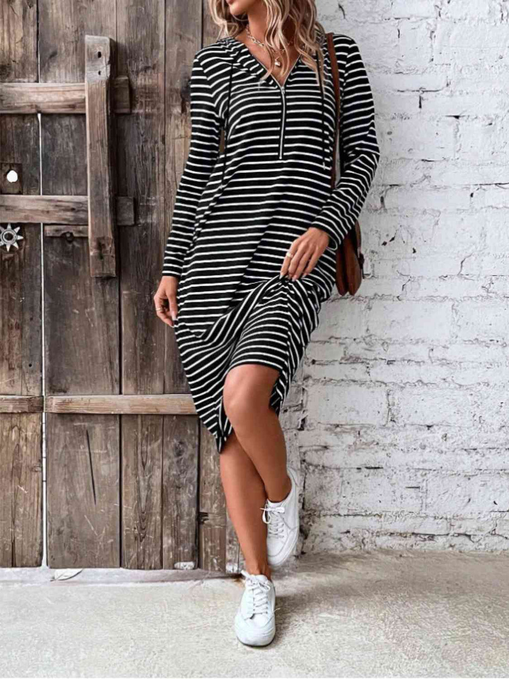 Valenzora | Striped Zip-Front Hooded Dress