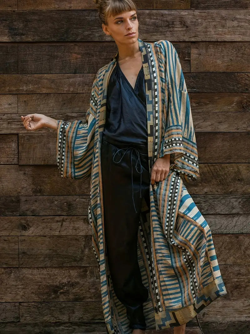 Valenzora | Boho Plus Size Kimono mit Bindegürtel Maxi-Tunika