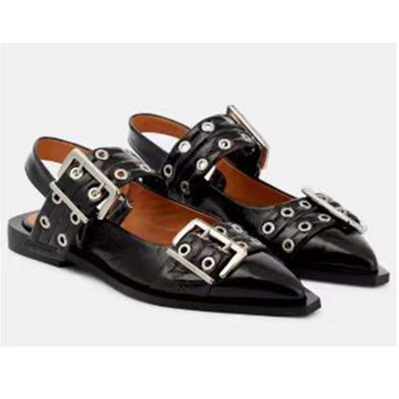 Valenzora | Pointed toe belt buckle mules leather flat sandals