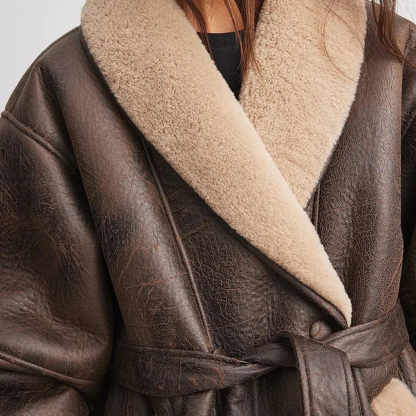 Valenzora | Kunstlederjacke mit Sherpa-Futter und Gürtel