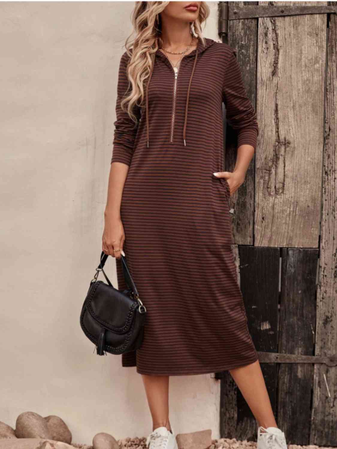 Valenzora | Striped Zip-Front Hooded Dress