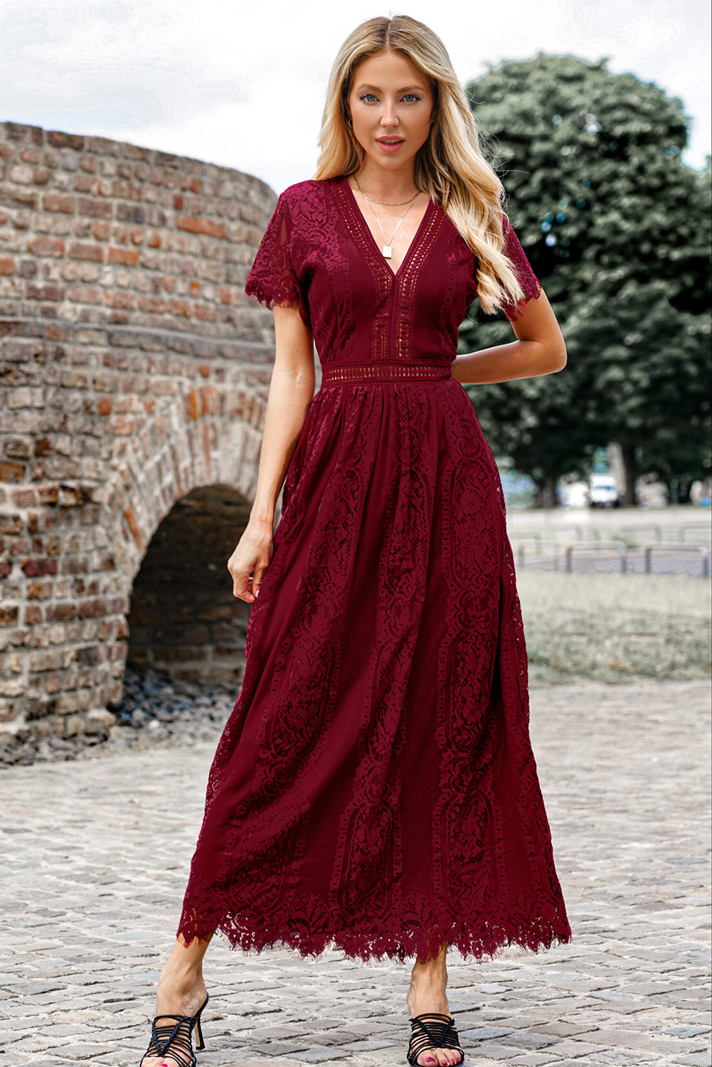 Valenzora | Lace Plunge Dress with Wavy Hem