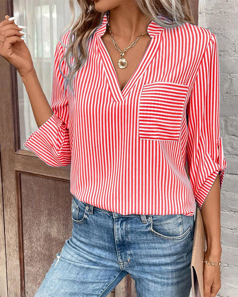 Valenzora | striped shirt with V-neck and chest pocket