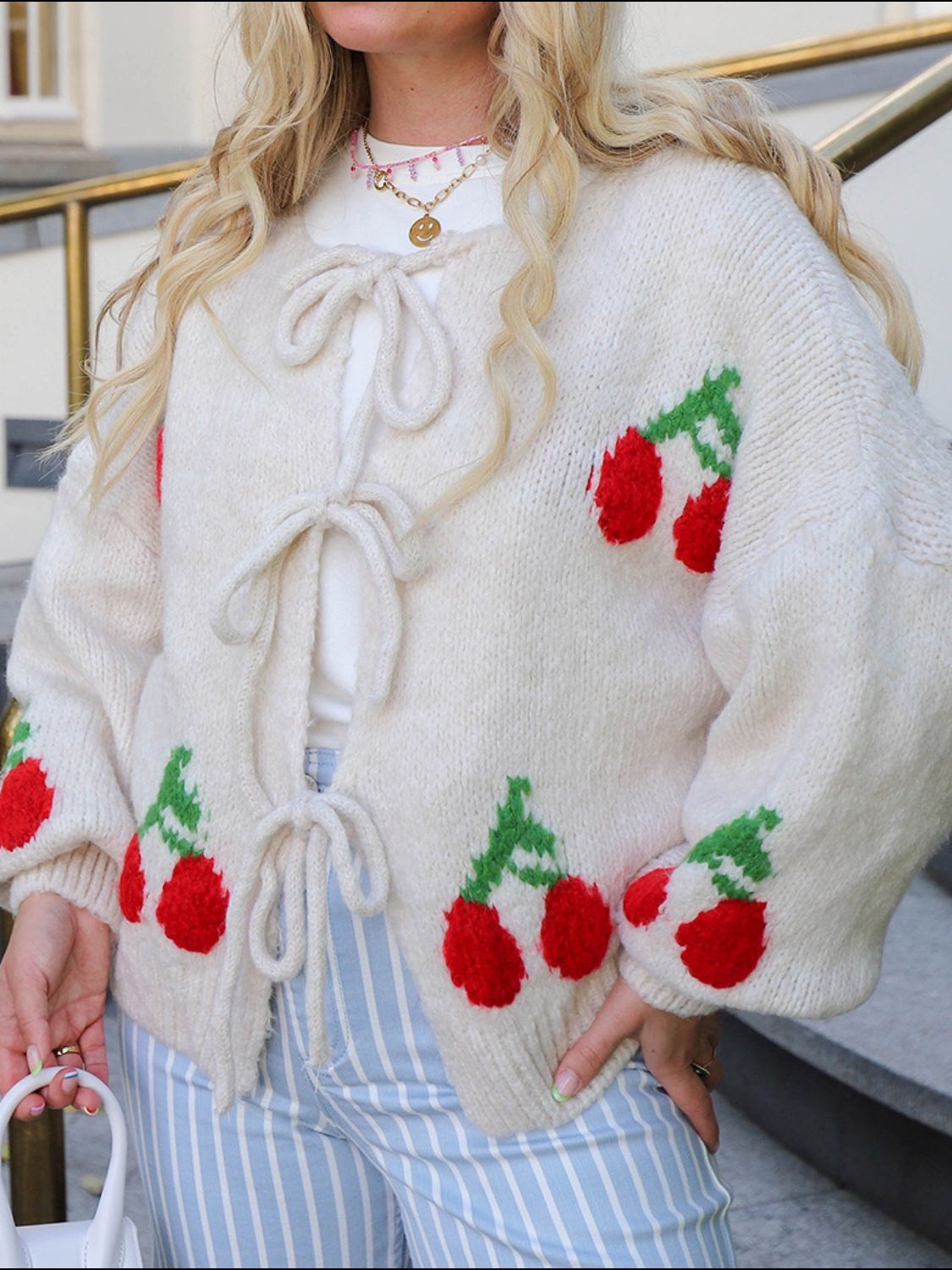 Valenzora | Bound Cherry Round Neck Long Sleeve Cardigan