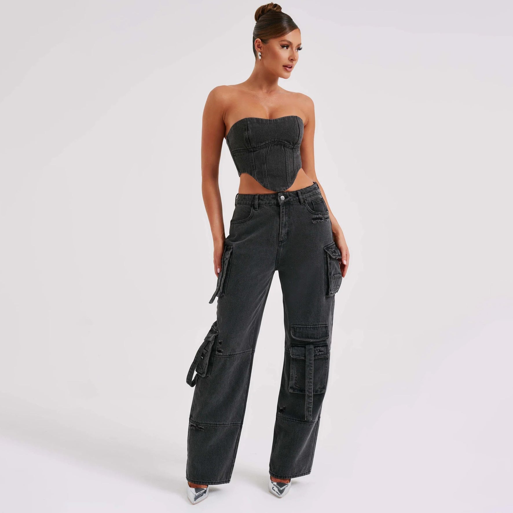 Valenzora | Jeansanzug Sommer Sexy Rückenfreies Tube Top und Cargohose mit Mehreren Taschen Modischer Langer Hosenanzug Damenbekleidung