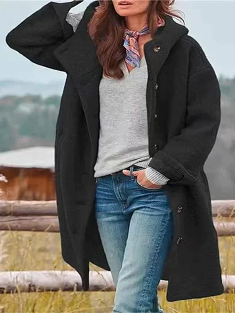 Long-sleeved, single-breasted, loose-fitting coat with a turn-down collar
