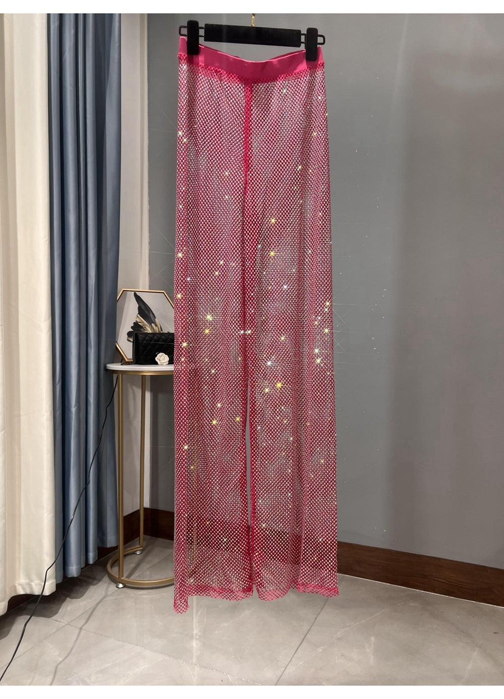 Valenzora | Rhinestone Straight Mesh Wide Leg Slim Fit Flattering Mop Pants
