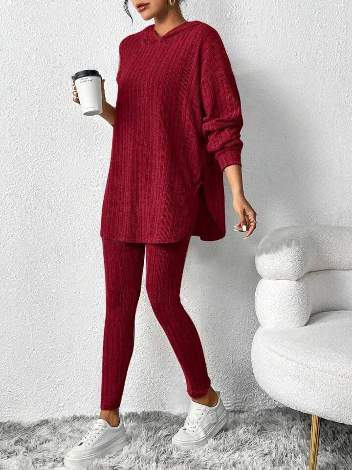 Valenzora | Women's long-sleeved set with a wide-cut hooded top in a solid color stripe