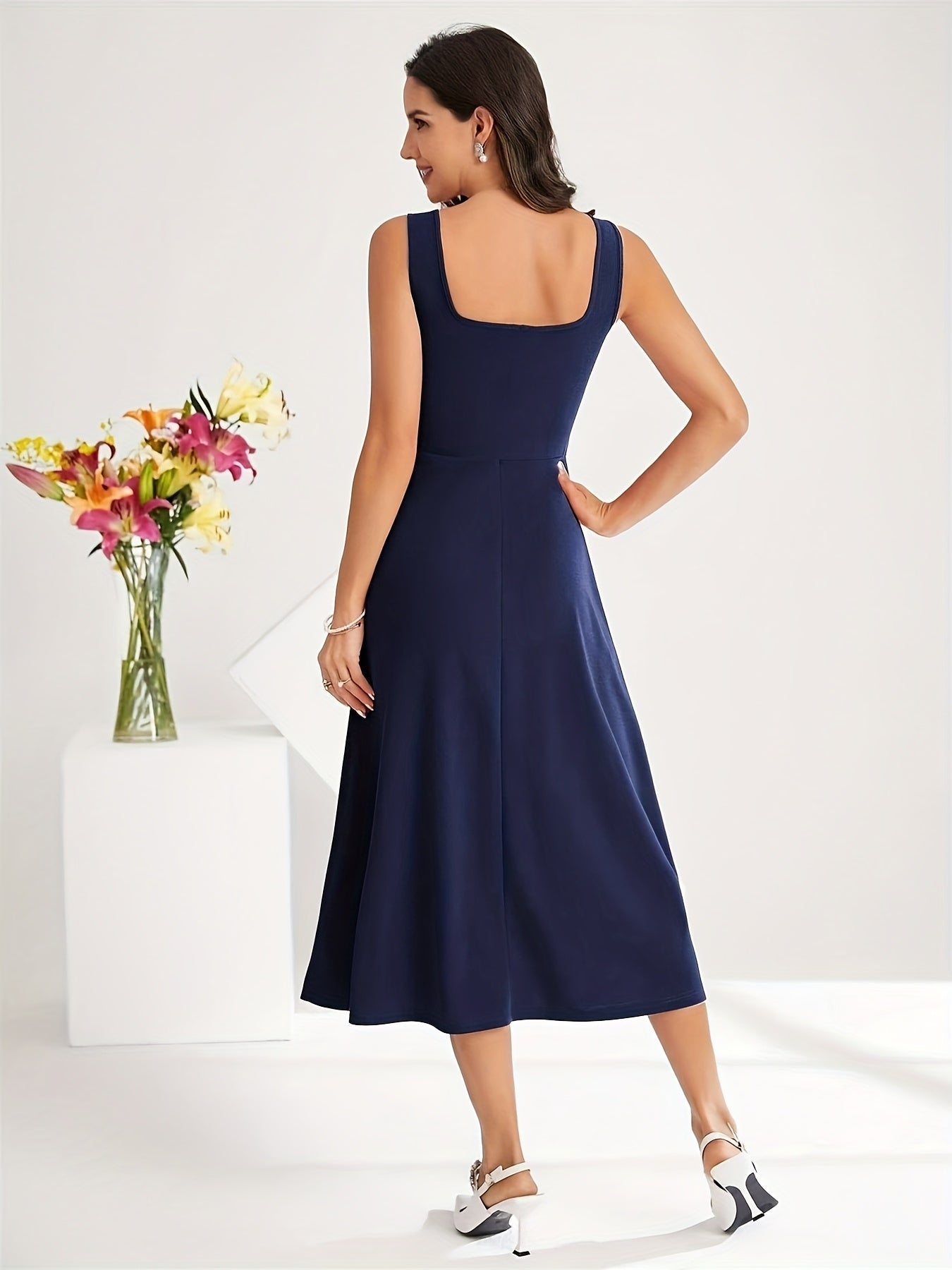 Valenzora | Elegant dress with straps, dark blue color