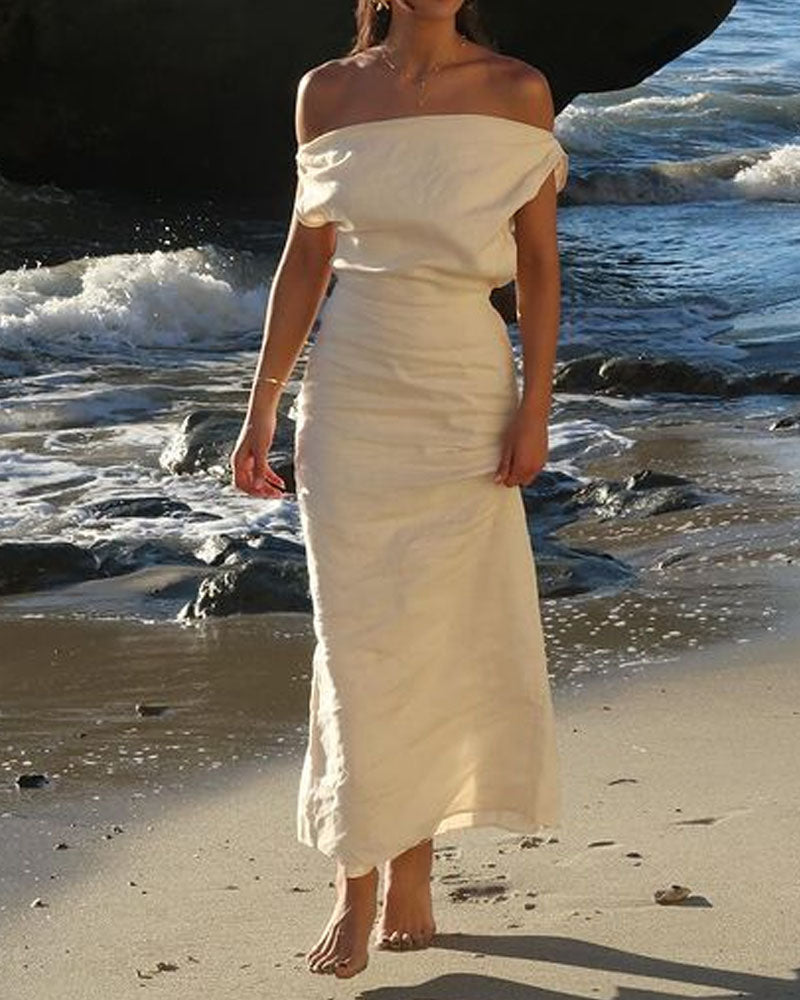 Linen dress with slanted shoulders