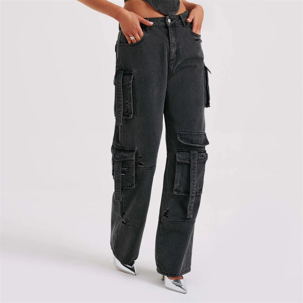 Valenzora | Jeansanzug Sommer Sexy Rückenfreies Tube Top und Cargohose mit Mehreren Taschen Modischer Langer Hosenanzug Damenbekleidung