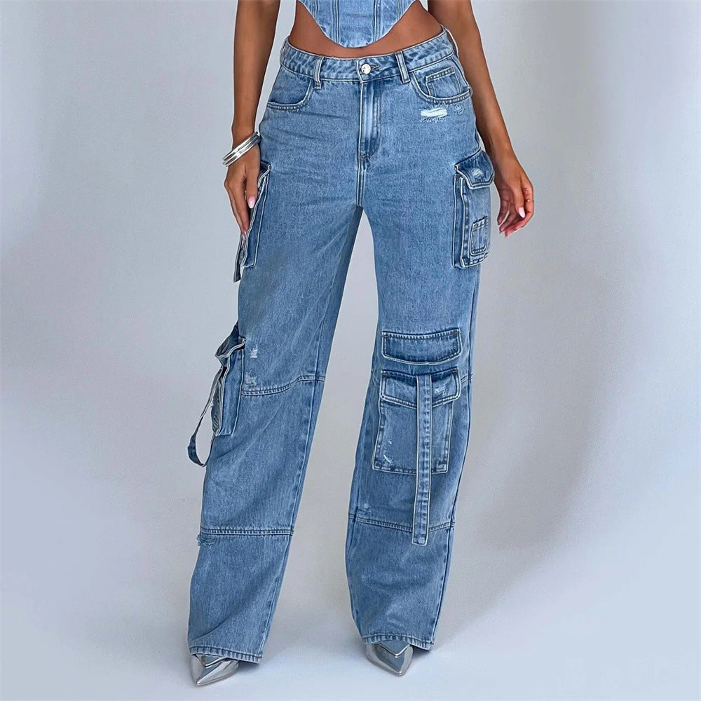Valenzora | Jeansanzug Sommer Sexy Rückenfreies Tube Top und Cargohose mit Mehreren Taschen Modischer Langer Hosenanzug Damenbekleidung