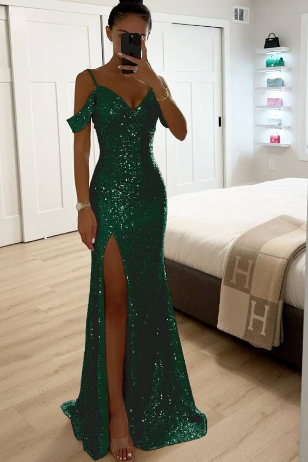 Valenzora | Sequined Lace Mermaid Prom Dresses with Slit Off-Shoulder Evening Dress