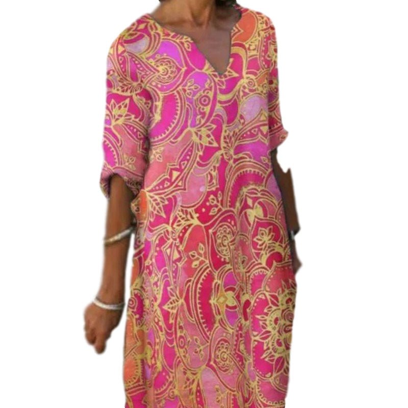 Valenzora | Lässiges, farbenfrohes Kleid im Paisley-Muster mit Dreiviertelärmeln und V-Ausschnitt