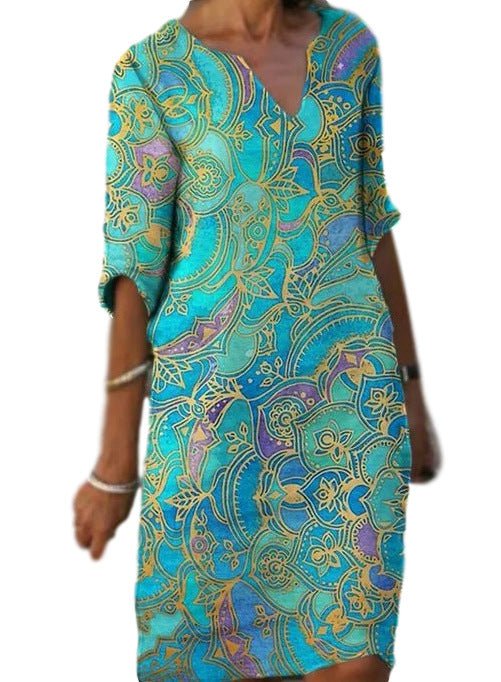 Valenzora | Lässiges, farbenfrohes Kleid im Paisley-Muster mit Dreiviertelärmeln und V-Ausschnitt