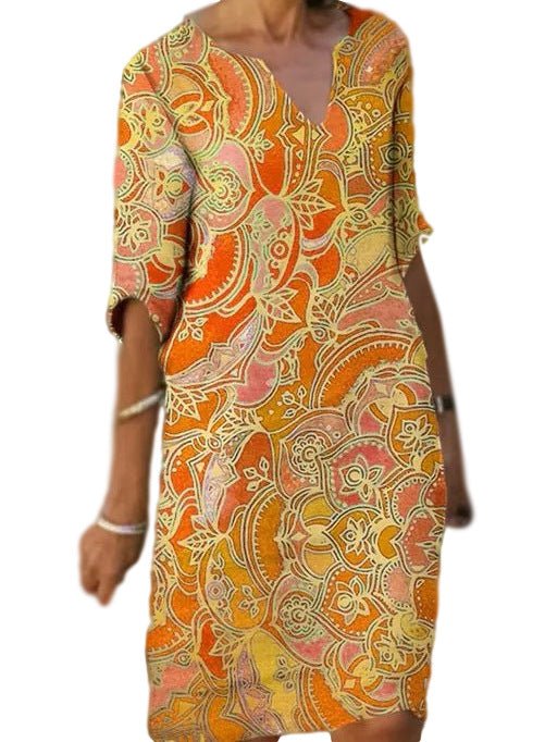 Valenzora | Lässiges, farbenfrohes Kleid im Paisley-Muster mit Dreiviertelärmeln und V-Ausschnitt