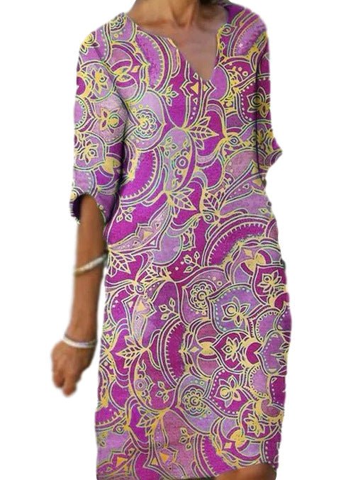 Valenzora | Lässiges, farbenfrohes Kleid im Paisley-Muster mit Dreiviertelärmeln und V-Ausschnitt