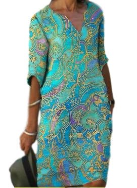 Valenzora | Lässiges, farbenfrohes Kleid im Paisley-Muster mit Dreiviertelärmeln und V-Ausschnitt