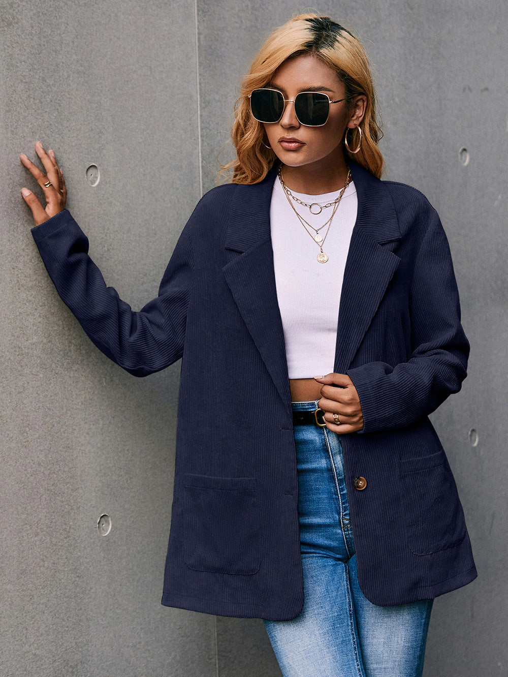 Valenzora | Corduroy Long-Sleeve Longline Blazer with Pockets