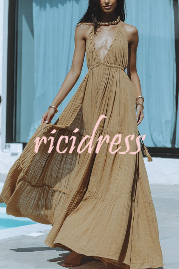 Valenzora – Neckholder maxi dress in a linen blend with a backless slit