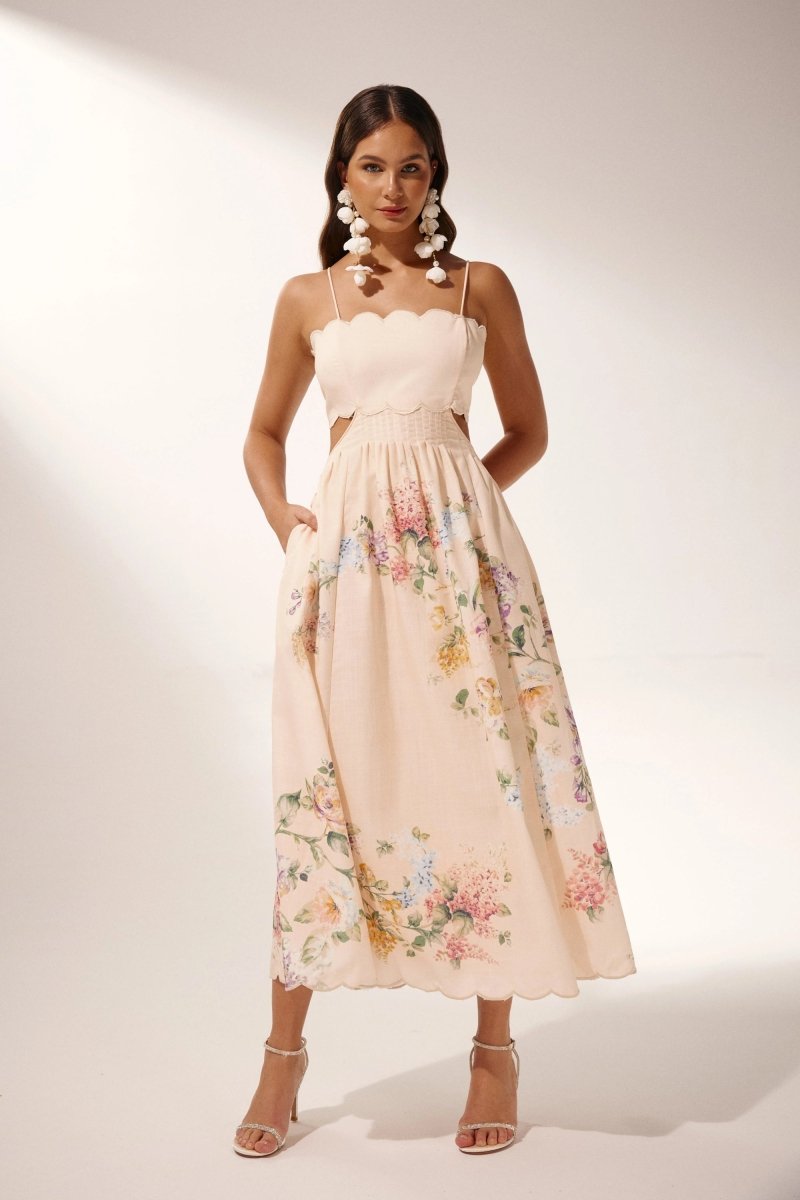 Valenzora | Midi dress with cut-outs and floral print