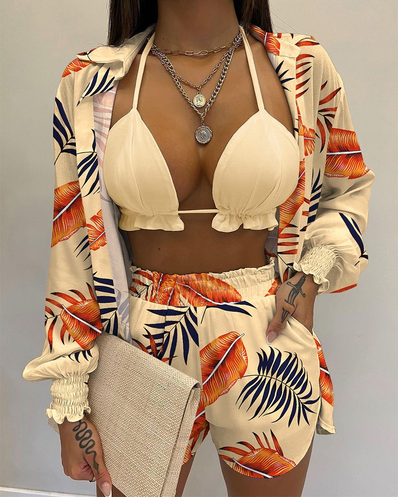 Valenzora | Three-piece swimsuit set: cardigan top and shorts