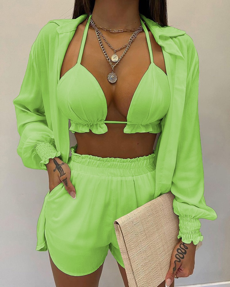 Valenzora | Three-piece swimsuit set: cardigan top and shorts