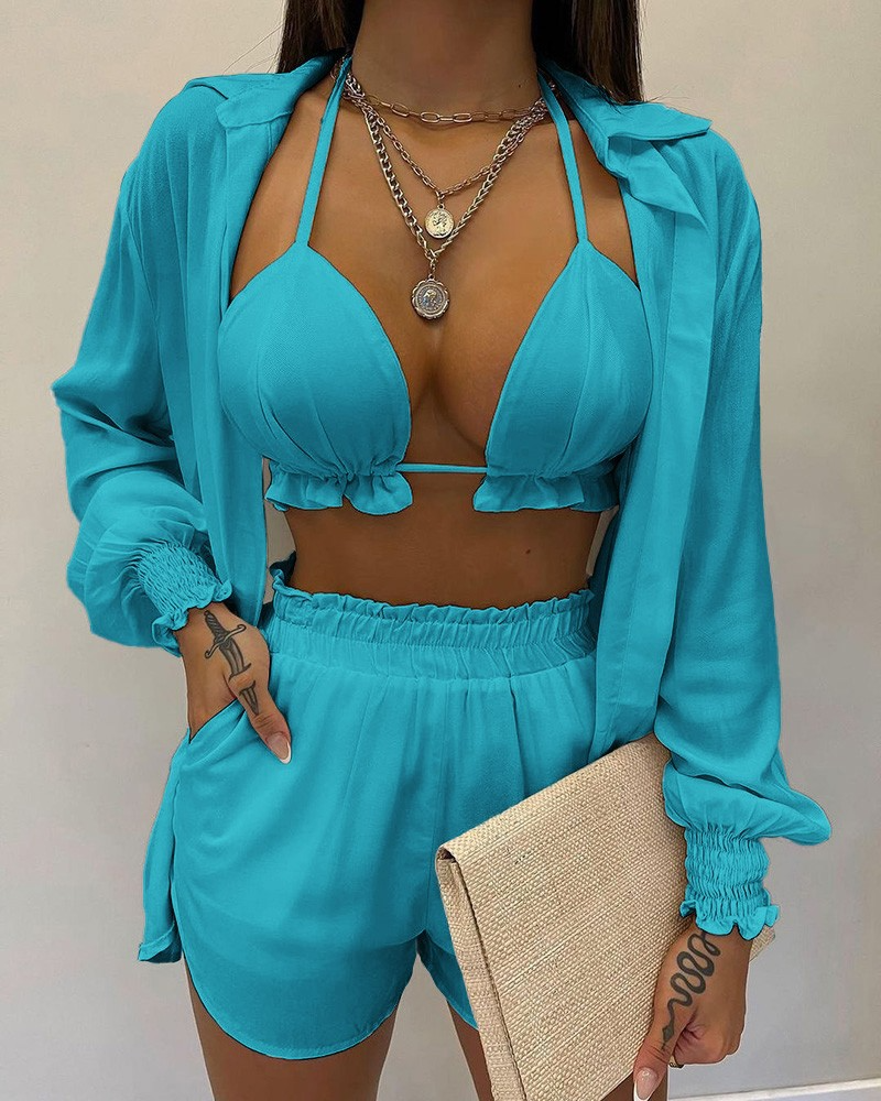 Valenzora | Three-piece swimsuit set: cardigan top and shorts