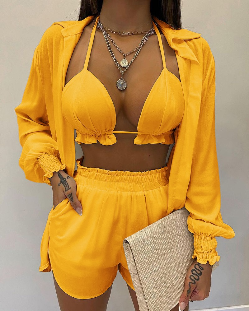 Valenzora | Three-piece swimsuit set: cardigan top and shorts