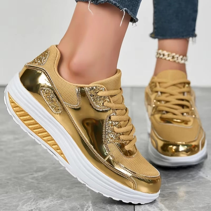 Valenzora | Goldene Plateau-Sneaker zum Schnüren für Damen