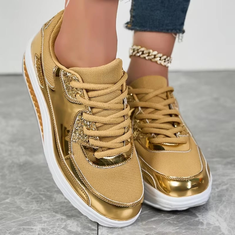 Valenzora | Goldene Plateau-Sneaker zum Schnüren für Damen