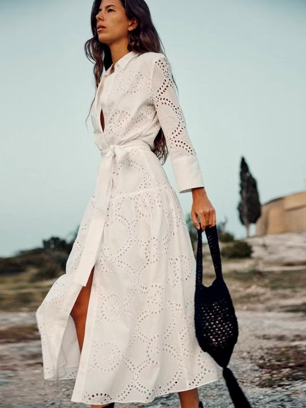 Valenzora | Stylish White Women's Chic Hole Midi Dress