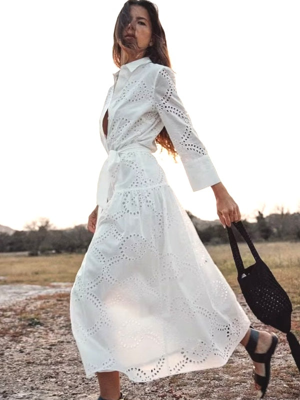 Valenzora | Elegantes weißes Damen-Midi-Kleid mit schicken Löchern