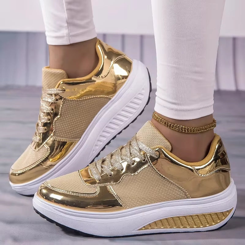 Valenzora | Goldene Plateau-Sneaker zum Schnüren für Damen