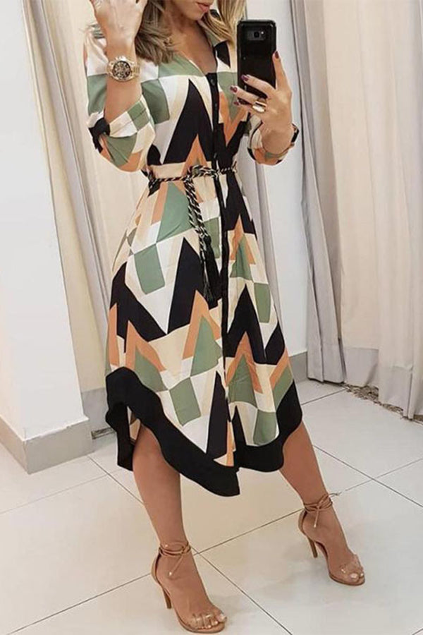 Valenzora | Find Yourself Good Printed Belt Shirt Midi Dress