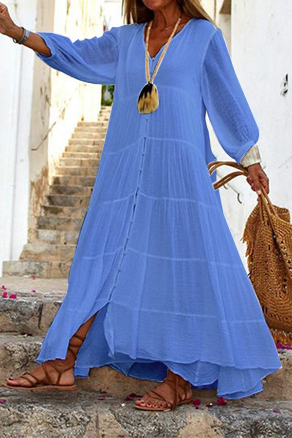 Valenzora | Seraphina Maxikleid aus Baumwoll-Leinen-Mix mit Knopfleiste und Stufenrock