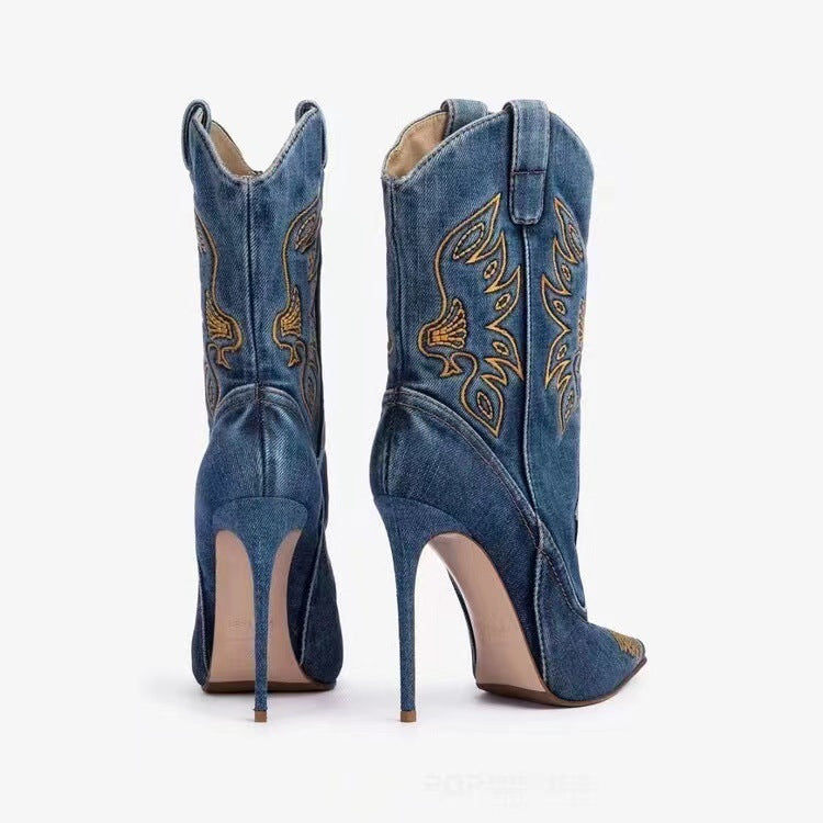 Valenzora | Women's Fashion Western Denim Style High Heels Boots