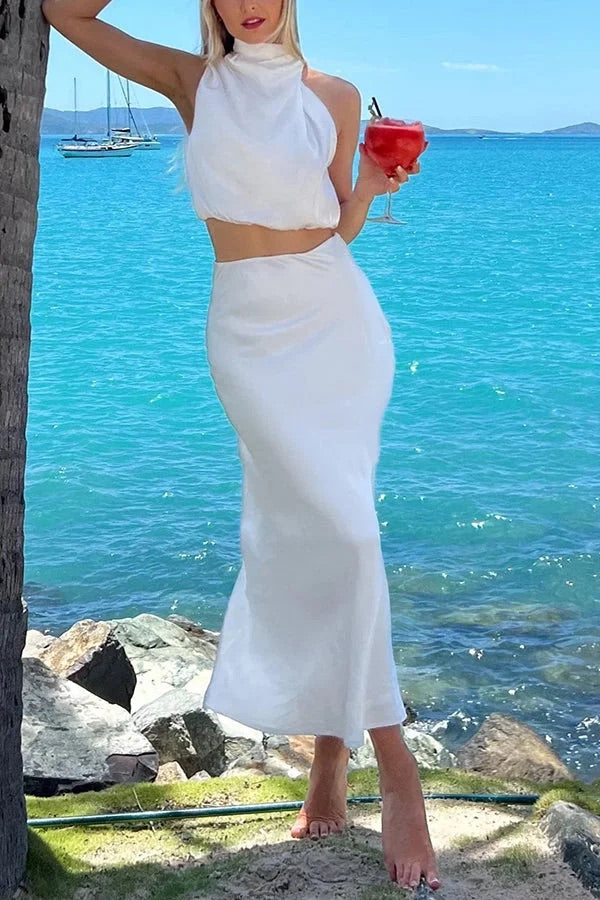 Valenzora | Such a mood High-necked satin draped maxi skirt set