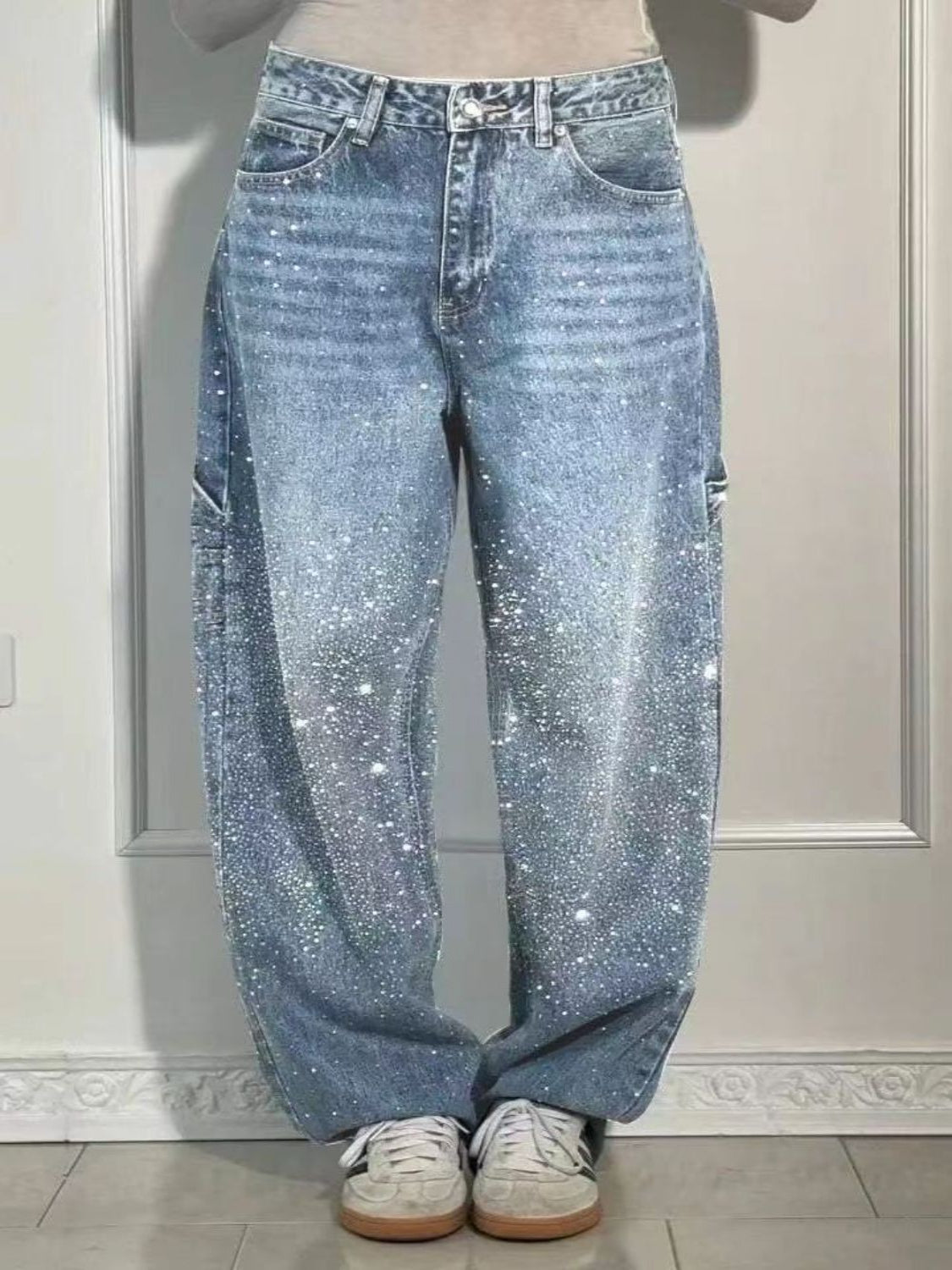 Valenzora | Women's Washed Jeans with Rhinestone Details, Wide Fit